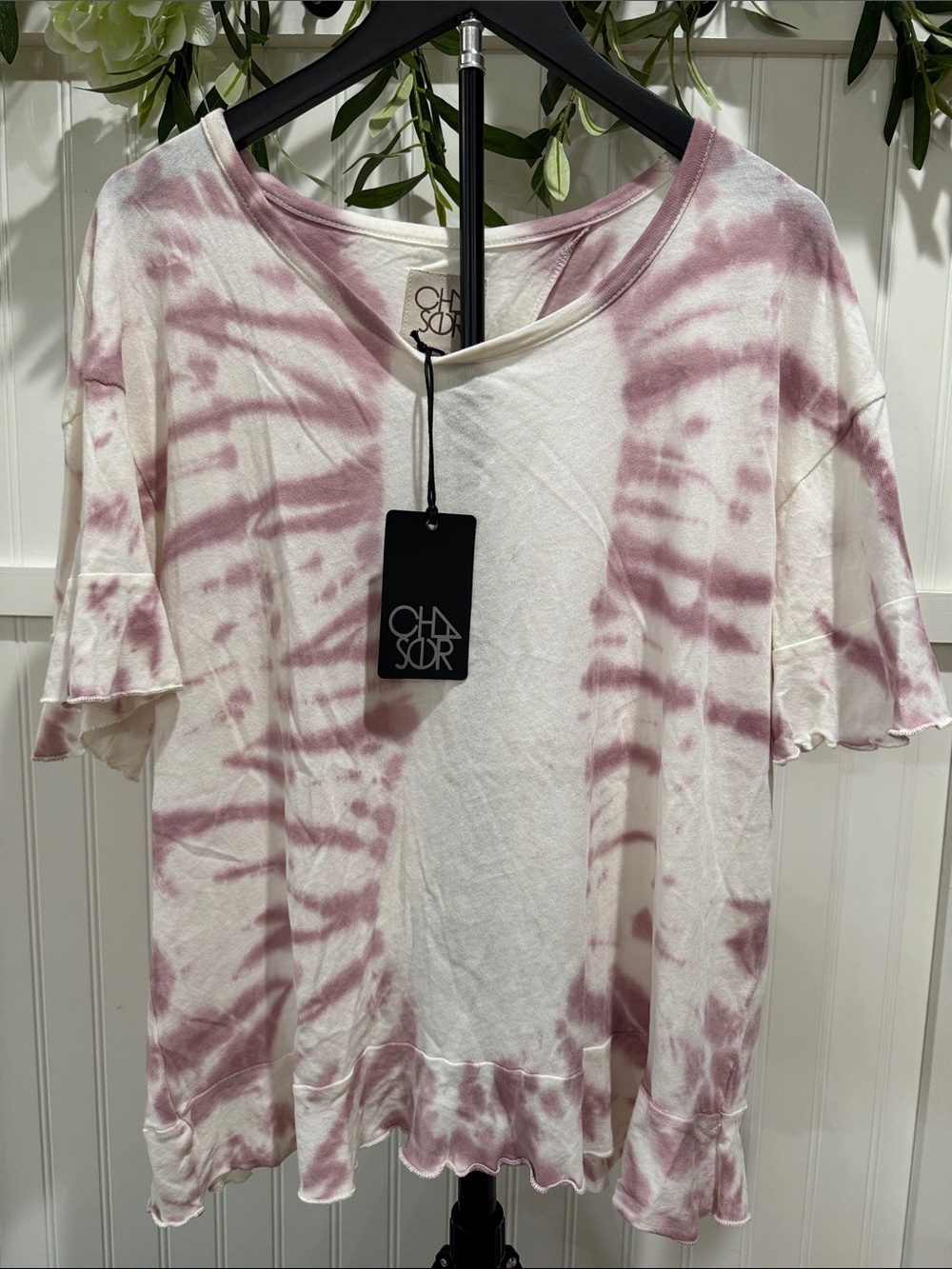 NWT! #806 CHASER Pink Tie-Dye Ruffle Flyaway Short Sleeve Tee
